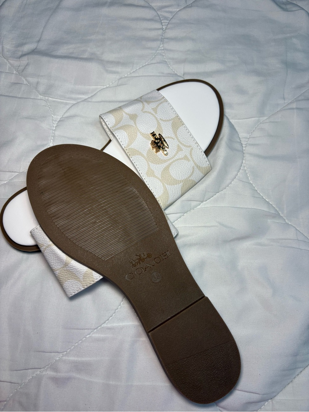 Coach Cream Signature Logo Slide Sandals with Gold Charm